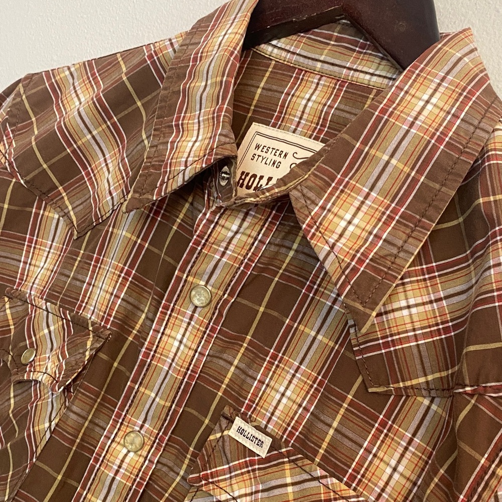 Hollister Co Western Styling Men Brown Plaid PearlSnap Button LongSleeve Shirt S